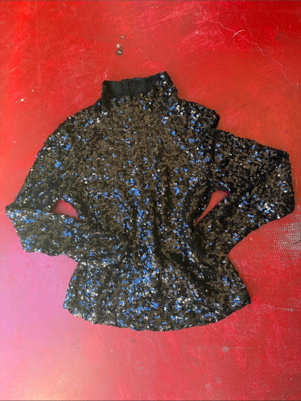 Free People Black Sequin Long-Sleeve Mock Neck Top with Blue Sparkle